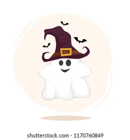 Halloween funny characters. Ghost in witch hat isolated on white background. Vectro illustration.