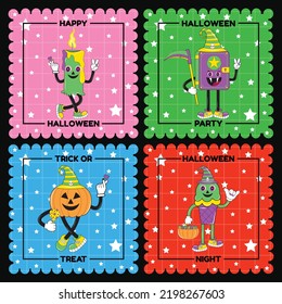Halloween Funny cheerful trendy retro style comic cartoon characters sticker pack. Halloween cartoon Badges, Label, Stamp and Postage. Vintage Halloween character design sticker pack.