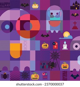 Halloween funny elements in mosaic punchy style vector illustration. Happy Halloween background.