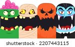 Halloween funny faces set of four characters. Cartoon heads of grim reaper, pumpkin Jack o lntern zombie, vampire and mummy. Vector illustration isolated. Party decoration or package design