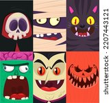 Halloween funny faces set of four characters. Cartoon heads of grim reaper, pumpkin Jack o lntern zombie, vampire and mummy. Vector illustration isolated. Party decoration or package design