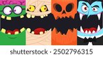 Halloween funny faces set of four characters. Cartoon heads of pumpkin Jack o lntern zombie vampire and mummy. Vector illustration isolated. Party decoration or package design.