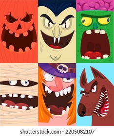 Caras divertidas de Halloween de cuatro caracteres. Cabezas de caricatura de pañal lúgubre, calabaza Jack o zombi lntern, momia vampiro y bruja. Ilustración vectorial aislada. Decoración de fiestas o diseño de paquetes