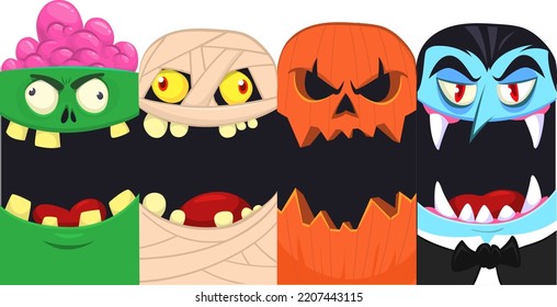 Halloween funny faces set of four characters. Cartoon heads of grim reaper, pumpkin Jack o lntern zombie, vampire and mummy. Vector illustration isolated. Party decoration or package design