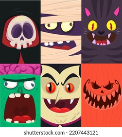 Caras divertidas de Halloween de cuatro caracteres. Cabezas de caricatura de pañal lúgubre, calabaza Jack o zombi lntern, vampiro y momia. Ilustración vectorial aislada. Decoración de fiestas o diseño de paquetes