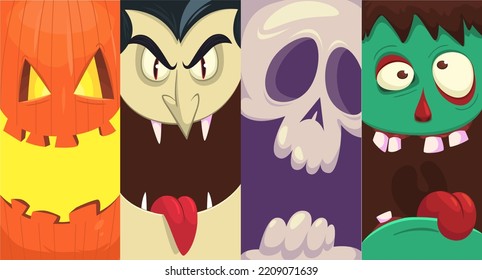 Halloween funny faces set of four characters. Cartoon heads of grim reaper, pumpkin Jack o lntern zombie, vampire and mummy. Vector illustration isolated. Party decoration or package design