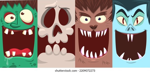 Caras divertidas de Halloween de cuatro caracteres. Cabezas de caricatura de pañal mugriento, calabaza Jack o zombie lntern, hombre lobo monstruo vampiro y momia. Ilustración vectorial aislada. 