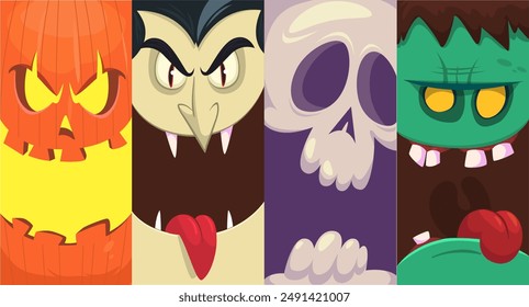 Halloween funny faces set of four characters. Cartoon heads of grim reaper, pumpkin Jack o lntern zombie, vampire and mummy. Vector illustration isolated. Party decoration or package design