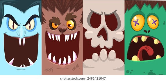 Halloween funny faces set of four characters. Cartoon heads of grim reaper, pumpkin Jack o lntern zombie, vampire and mummy. Vector illustration isolated. Party decoration or package design