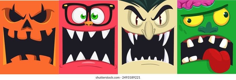 Halloween funny faces set of four characters. Cartoon heads of grim reaper, pumpkin Jack o lntern zombie, vampire and mummy. Vector illustration isolated. Party decoration or package design