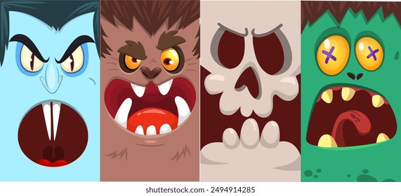 Halloween funny faces set of four characters. Cartoon heads of grim reaper, pumpkin Jack o lntern zombie, vampire and mummy. Vector illustration isolated. Party decoration or package design