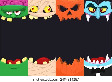 Halloween caras divertidas conjunto de cuatro personajes. Cabezas de caricatura de la parca, calabaza Jack o zombi interno, vampiro y momia. Ilustración vectorial aislada. Decoración de fiesta o diseño de paquete