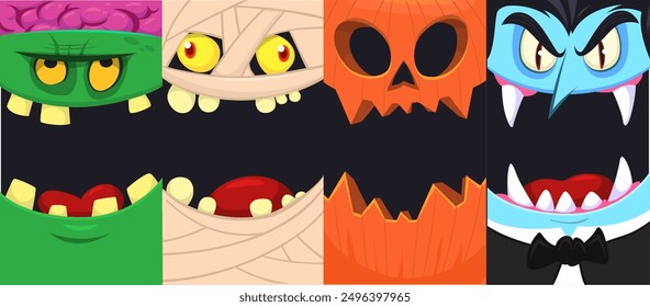 Conjunto de caras divertidas de Halloween de cuatro personajes. Cabezas de dibujos animados de parca, calabaza Jack o zombi linterna, vampiro y momia. Ilustración vectorial aislada. Decoración del partido o diseño del paquete