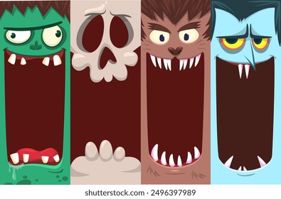 Conjunto de caras divertidas de Halloween de cuatro personajes. Cabezas de dibujos animados de parca, calabaza Jack o zombi linterna, vampiro y momia. Ilustración vectorial aislada. Decoración del partido o diseño del paquete