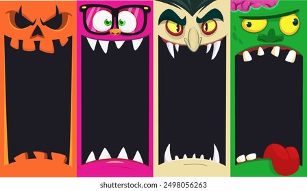 Conjunto de caras divertidas de Halloween de cuatro personajes. Cabezas de dibujos animados de parca, calabaza Jack o zombi linterna, vampiro y momia. Ilustración vectorial aislada. Decoración del partido o diseño del paquete