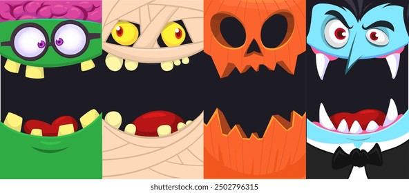 Halloween funny faces set of four characters. Cartoon heads of pumpkin Jack o lntern zombie vampire and mummy. Vector illustration isolated. Party decoration or package design.