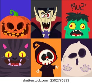 Halloween funny faces set of four characters. Cartoon heads of grim reaper, pumpkin Jack o lntern zombie, vampire and mummy. Vector illustration isolated. Party decoration or package design.