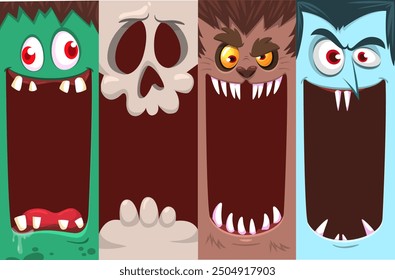 Halloween funny faces set of four characters. Cartoon heads of grim reaper, pumpkin Jack o lntern zombie, vampire and werewolf. Vector illustration isolated. Party decoration or package design.