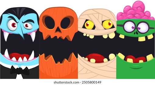 Conjunto de caras divertidas de Halloween de cuatro personajes. Cabezas de dibujos animados de calabaza Jack o linterna zombie vampiro y mami. Ilustración vectorial aislada. Decoración del partido o diseño del paquete.