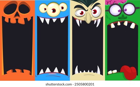 Conjunto de caras divertidas de Halloween de cuatro personajes. Cabezas de dibujos animados de monstruo, calabaza Jack o linterna, zombi, vampiro. Ilustración vectorial aislada. Decoración del partido o diseño del paquete.