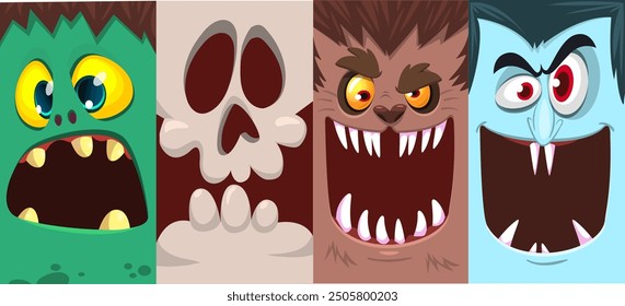 Halloween funny faces set of four characters. Cartoon heads of grim reaper, pumpkin Jack o lntern zombie, vampire and werewolf. Vector illustration isolated. Party decoration or package design.