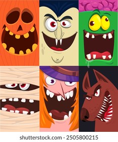 Conjunto de caras divertidas de Halloween de cuatro personajes. Cabezas de dibujos animados de hombre lobo bruja, calabaza Jack o linterna zombi, vampiro y momia. Ilustración vectorial aislada. Decoración del partido o diseño del paquete.