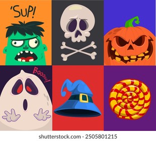 Halloween funny faces set of four characters. Cartoon heads of grim reaper, pumpkin Jack o lntern zombie, ghost and candy illustration