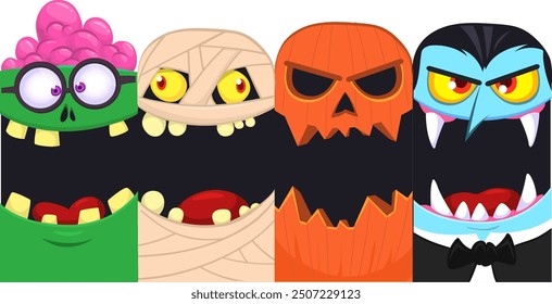 Conjunto de caras divertidas de Halloween de cuatro personajes. Cabezas de dibujos animados de calabaza Jack o linterna zombie vampiro y mami. Ilustración vectorial aislada. Decoración del partido o diseño del paquete.