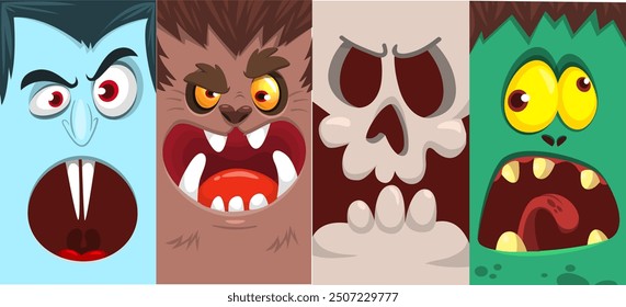 Halloween funny faces set of four characters. Cartoon heads of grim reaper, pumpkin Jack o lntern zombie, vampire and werewolf. Vector illustration isolated. Party decoration or package design.