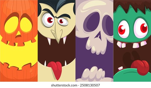 Conjunto de caras divertidas de Halloween de cuatro personajes. Cabezas de dibujos animados de parca, calabaza Jack o linterna zombi y vampiro. Ilustración vectorial aislada. Decoración del partido o diseño del paquete.