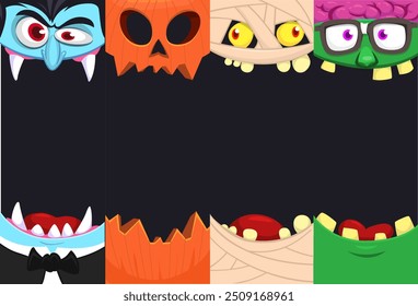 Conjunto de caras divertidas de Halloween de cuatro personajes. Cabezas de dibujos animados de calabaza Jack o linterna zombie vampiro y mami. Ilustración vectorial aislada. Decoración del partido o diseño del paquete.