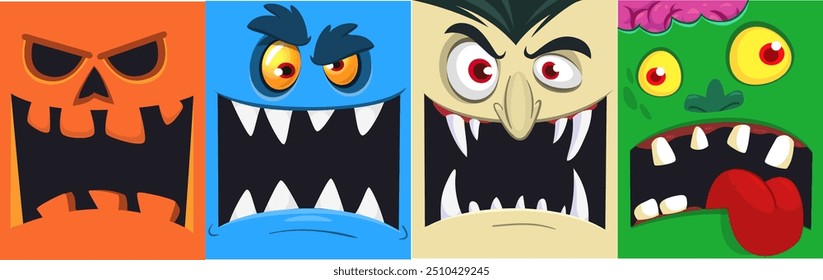 Conjunto de caras divertidas de Halloween de cuatro personajes. Cabezas de dibujos animados de monstruo, calabaza Jack o linterna, zombi, vampiro. Ilustración vectorial aislada. Decoración del partido o diseño del paquete.