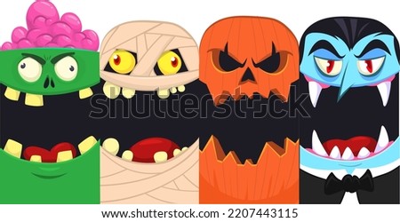 Halloween funny faces set of four characters. Cartoon heads of grim reaper, pumpkin Jack o lntern zombie, vampire and mummy. Vector illustration isolated. Party decoration or package design Foto d'archivio © 