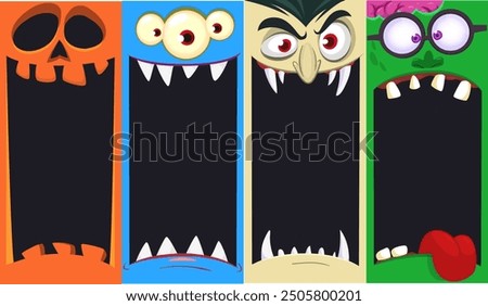 Halloween funny faces set of four characters. Cartoon heads of monster, pumpkin Jack o lntern zombie, vampire. Vector illustration isolated. Party decoration or package design.