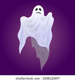 Halloween funny ghost on all saints night as a festive costume made of white fabric on a dark background