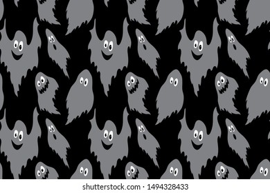 Halloween funny ghosts in gray on a black background pattern vector illustration for design and decoration