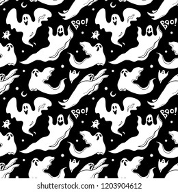 Halloween funny ghosts seamless pattern in black and white