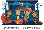 Halloween funny. happy children boys and girls in costumes and makeup on a celebration of halloween. Cartoon vector illustration isolated white background