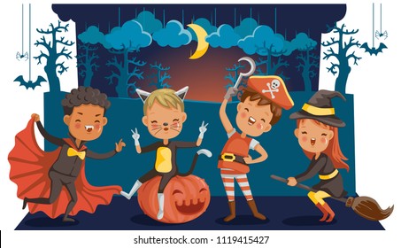 Halloween Funny. Happy Children Boys And Girls In Costumes And Makeup On A Celebration Of Halloween. Cartoon Vector Illustration Isolated White Background