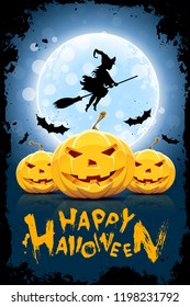 Halloween Funny Illustration with Witch and Pumpkins.