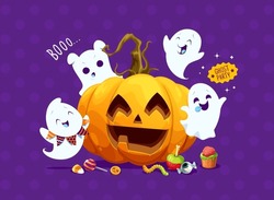 Halloween Funny Kawaii Ghosts And Holiday Pumpkin With Horror Night Spooky Sweets, Cartoon Vector. Halloween Trick Or Treat Holiday Party Poster With Scary Pumpkin And Funny Boo Ghosts And Candy Skull