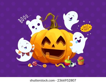 Halloween funny kawaii ghosts and holiday pumpkin with horror night spooky sweets, cartoon vector. Halloween trick or treat holiday party poster with scary pumpkin and funny boo ghosts and candy skull