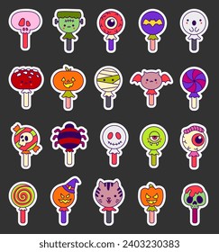 Halloween funny lollipop. Sticker Bookmark. Sweet candies on stick. Hand drawn style. Vector drawing. Collection of design elements.