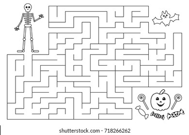 Halloween funny maze for preschool and school kids. Skeleton and bat are looking for candies. Coloring page. Vector illustration.