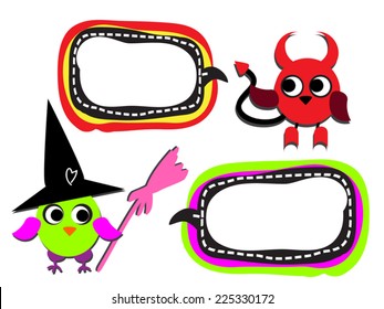 Halloween funny monsters with bubbles. Colorful cute owl dressed as witch and devil with comic box for text. Vector silhouette. Isolated on white. As design element, clip art.