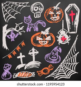 Halloween funny objects. Color chalk on a blackboard. Collection of festive elements. Autumn holidays. Pumpkin, cobweb, skull, coffin, tree, bat, cemetery, candy, spider, flags, cat, witch h
