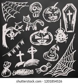 Halloween funny objects. White chalk on a blackboard. Collection of festive elements. Autumn holidays. Pumpkin, cobweb, skull, coffin, tree, bat, cemetery, candy, spider, flags, cat, witch h