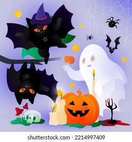 Halloween funny pack with cats, pumpkins, ghost, bats and magic elements