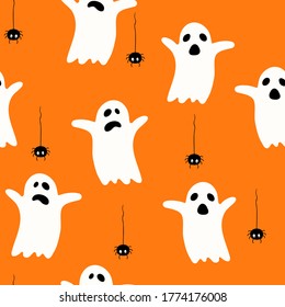 Halloween-lustiges Muster mit Geistern und Spinnen auf orangefarbenem Hintergrund. Vektormuster zu Halloween. Cartoon-Flachstil. Zum Verpacken von Papier, Tapete, Stoffdesign.