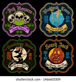 Halloween funny potion sticker-labels. Vector illustrated set of Halloween badges for beverages and cocktails. 